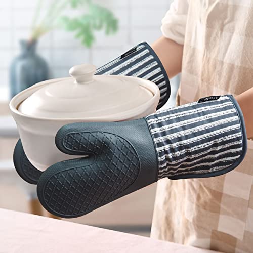 Alselo Silicone Oven Mitts Heat Resistant 932℉ with Waterproof & Non-Slip | Kitchen Mittens Set of 2,Extra Long 7.5"x15" Oven Gloves with Soft Cotton Terry Lining for Baking Cooking BBQ(Grey,2) - color: Gray