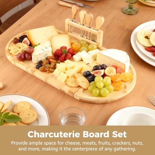 Wood Cheese Board Set, Charcuterie Platter Tray with 4 Pcs Knives, Detachable Serving Board with Strong Attachment, Wooden Appetizer Serving Tray for Parties, Gatherings, 22.8 x 11.5 in