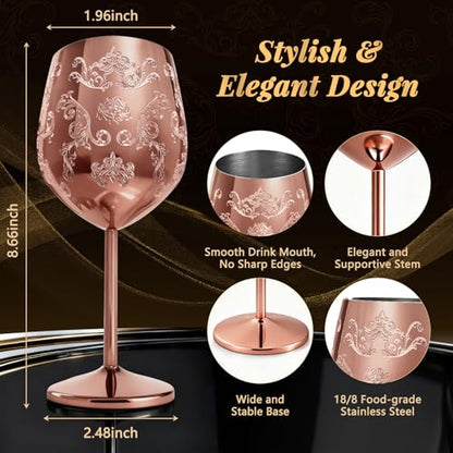 Lifecapido Stainless Steel Wine Glasses Set of 2, 18oz Etched Rose Gold Wine Goblets, Unique Wine Glasses with Intricate Baroque Engravings for Party Wedding Anniversary - color: Rose Gold