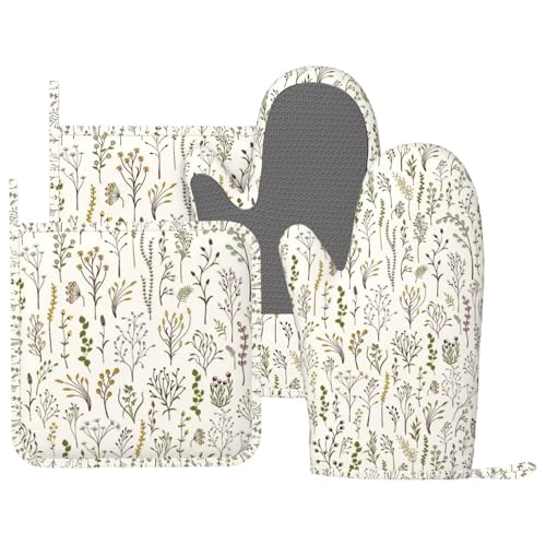 Colorful Wildplants Oven Mitts and Pot Holders Sets Silicone Wildflowers Kitchen Oven Mitts Hot Pads Heat Resistant Beige Potholders Kitchen Mitts Set for Baking BBQ Cooking - color: Beige Yellow