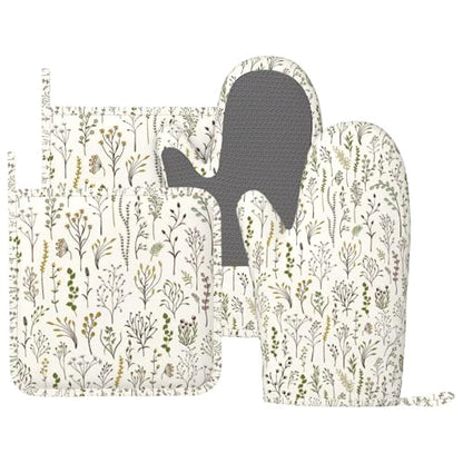 Colorful Wildplants Oven Mitts and Pot Holders Sets Silicone Wildflowers Kitchen Oven Mitts Hot Pads Heat Resistant Beige Potholders Kitchen Mitts Set for Baking BBQ Cooking - color: Beige Yellow
