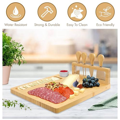 Bamboo Cheese Board and Knife Set with Magnetic Holder | Serving Tray for Crackers, Meat, and Wine - Anniversary and Wedding Gift - style: Cheese Board Set with Magnet Holder