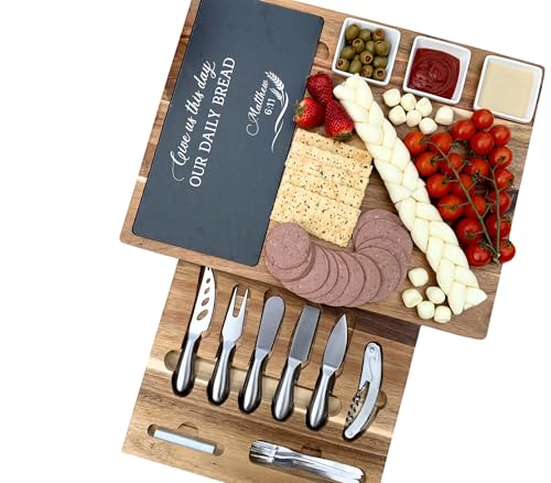 Acacia Charcuterie Board with Slate & Stainless Steel Knives – Personalized Cheese Board Gift for Thanksgiving, Christmas, Weddings, Housewarmings & Anniversaries - color: Design #23