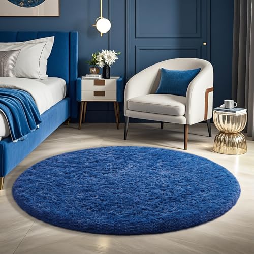 Ophanie Round Rug 4Ft Blue Circle Area Rug, Boys Room Decor, Fluffy Fuzzy Bedroom Carpet, Plush Soft Shaggy Living Room Rugs for Kids Home Decor Aesthetic, Nursery - color: 6- Blue, size: 4' (Round)