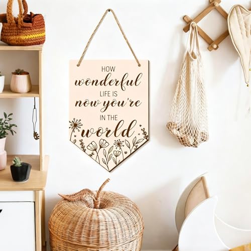 Nursery Wooden Hanging Sign Boho Floral Nursery Wall Decor Wood Flag Pennant Inspirational Quote Wall Art Plaque for Baby Shower Newborn Gift Gender Neutral Baby Room Decoration - color: Banner Floral