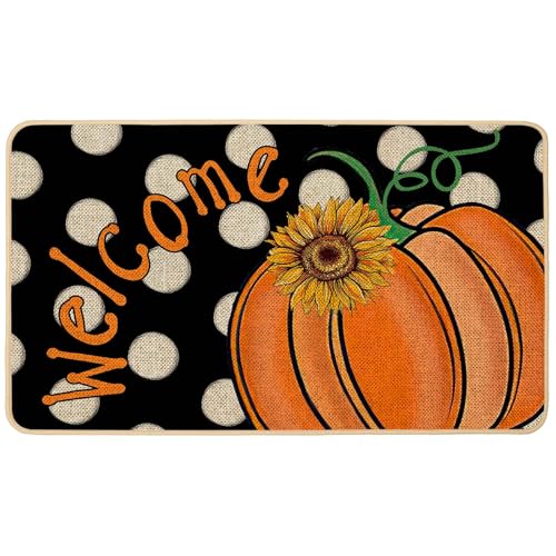 Baccessor Fall Welcome Pumpkin Doormat, Thanksgiving Autumn Polka Dots Decorative Mat Non Slip Rubber Backing for Entrance Seasonal Front Decortion 17 x 29 Inch - color: Welcome Pumpkin, size: 1'5" x 2'5" (Rectangular)