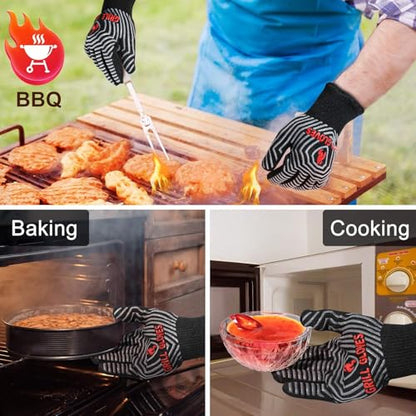 QUWIN Oven Mitts Set, Heat Resistant with Mini Oven Gloves and Hot Pads Potholders, Non-Slip Food Grade Long Oven Mitts for Kitchen Baking Cooking (Black - D)