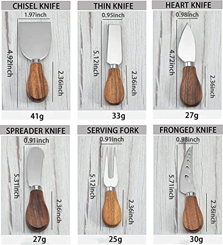 Premium 6-Piece Cheese Knife Set - Acacia Wood Handle Stainless Steel Cheese Knives for Charcuterie Board