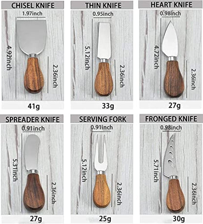 Premium 6-Piece Cheese Knife Set - Acacia Wood Handle Stainless Steel Cheese Knives for Charcuterie Board