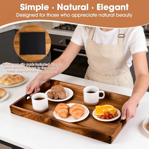 Large Ottoman Tray for Living Room and Coffee Table, Decorative Acacia Wood Serving Tray with Metal Handles for Breakfast in Bed, Dinner Food Kitchen TV (Natural, 24" x 15" x 2") - size: 24" x 15" x 2"