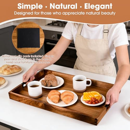 Large Ottoman Tray for Living Room and Coffee Table, Decorative Acacia Wood Serving Tray with Metal Handles for Breakfast in Bed, Dinner Food Kitchen TV (Natural, 24" x 15" x 2") - size: 24" x 15" x 2"