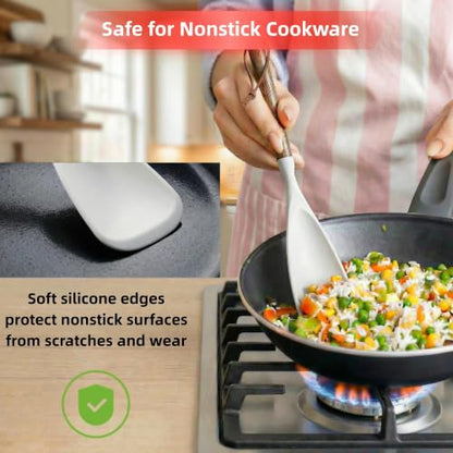 2-Pack Silicone Spoonula with Wooden Handle, BPA-Free Spatula Spoon for Nonstick Cookware, Heat Resistant Cooking Spoon for Mixing, Scraping, Scooping and Serving(White) - color: White