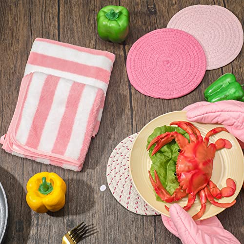 Zubebe Pink Oven Mitts and Pot Holders with Kitchen Towels Set of 7, Valentine's Day Gift for Women Heat Resistant Oven Gloves Kitchen Hand Towels Hot Pads for Cooking Baking(Plaid) - style: Plaid