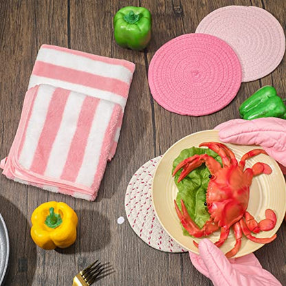 Zubebe Pink Oven Mitts and Pot Holders with Kitchen Towels Set of 7, Valentine's Day Gift for Women Heat Resistant Oven Gloves Kitchen Hand Towels Hot Pads for Cooking Baking(Plaid) - style: Plaid