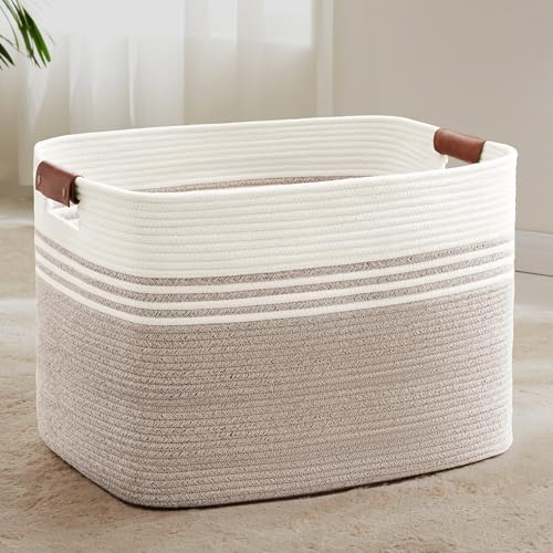 100L Large Woven Laundry Basket Hamper with Leather Handles,Brown | 24"x16"x16", collapsible wicker hamper, storage for dirty clothes, toys, blankets, gifts, living room, bedroom, bathroom - color: Brown, size: 100L