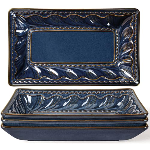 Salad Plates Set of 4, 9.85" Embossed Ceramic Rectangular Appetizer Plates, Deep Lipped Edges, Microwave & Dishwasher Safe, Dessert Sushi Pasta Serving Plates (Blue, Willow Leaf) - color: Blue (Willow Leaf), size: 9.85 inch