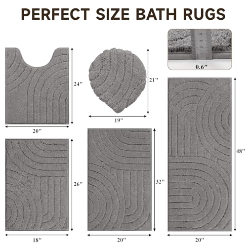 Pauwer Bathroom Rugs Sets 5 Piece, Absorbent Non Slip Bath Mat Set, Grey | Machine Washable, Microfiber Plush, Quick Dry Runner, U Shaped Contour Toilet Rugs, Shower Mats and Toilet Lid Cover - color: Grey