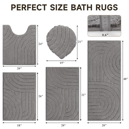 Pauwer Bathroom Rugs Sets 5 Piece, Absorbent Non Slip Bath Mat Set, Grey | Machine Washable, Microfiber Plush, Quick Dry Runner, U Shaped Contour Toilet Rugs, Shower Mats and Toilet Lid Cover - color: Grey