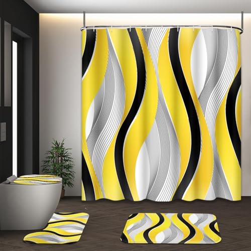Bathroom Sets with Shower Curtain and Rugs, 4 Pcs Geometric Yellow | Striped Modern Grey Bathroom Decor Set with Toilet Lid Cover, Non-Slip Bath Mats and Accessories 12 Hooks - color: Geometric Lines Yellow