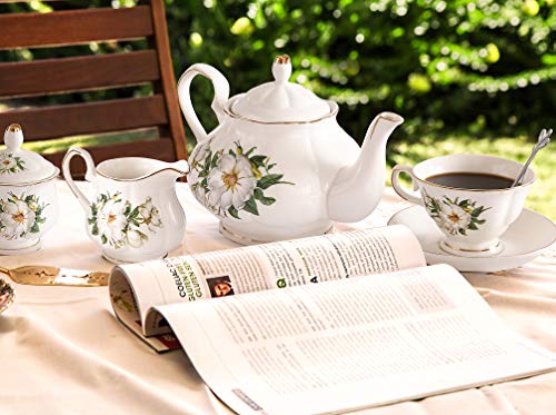 CHENP.HMC Porcelain Tea Cup Set 22-Piece Ceramic Coffee Tea Sets (Camellia) | Cups Saucer Service for 6 Teapot Sugar Bowl Creamer Pitcher and Teaspoons Tea Pot Sets - color: White Green