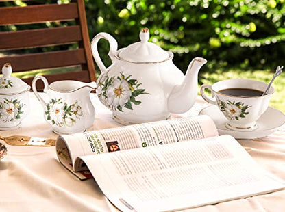 CHENP.HMC Porcelain Tea Cup Set 22-Piece Ceramic Coffee Tea Sets (Camellia) | Cups Saucer Service for 6 Teapot Sugar Bowl Creamer Pitcher and Teaspoons Tea Pot Sets - color: White Green