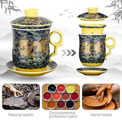 Chinese Tea Cup with Lid, Dragon Pattern, Dark Green, 11.8 fl oz (350ml) | Asian tea cup with lid, dragon pattern, removable infuser, matching saucer, for personal loose-leaf brewing - color: Dark Green