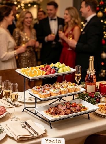 3 Tier Serving Tray, 12 Inch Dessert Display Stand, Black Stand | 3*Porcelain Durable Serving Plates, Microwave/Dishwasher Safe, Modern Cupcake Fruit Buffet Display, Wedding/Tea/Party serving - color: Black, size: 12 Inch