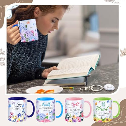Ziliny 4 Sets Christian Gifts for Women, 11oz Floral Coffee Mugs with Bible Verse Keychains,Mother's Day Christian Tea Cup Set, Inspirational Watercolor Flower Appreciation Gift