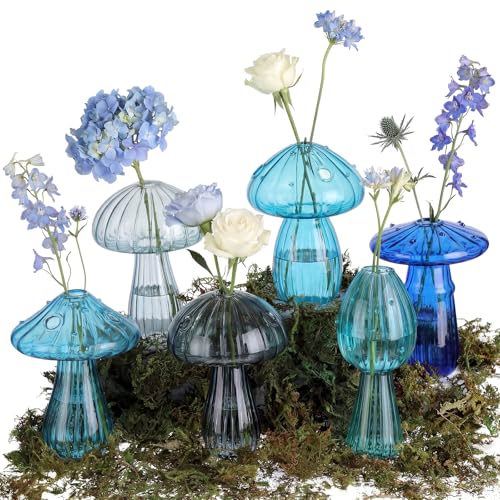 7 Pcs Glass Mushroom Vase Propagation Station with Hydroponic Plant and Artificial Fake Moss 6 Colored Plant Vase Table Centerpiece Decor for Forest Birthday Wedding Party Decoration (Blue) - color: Blue
