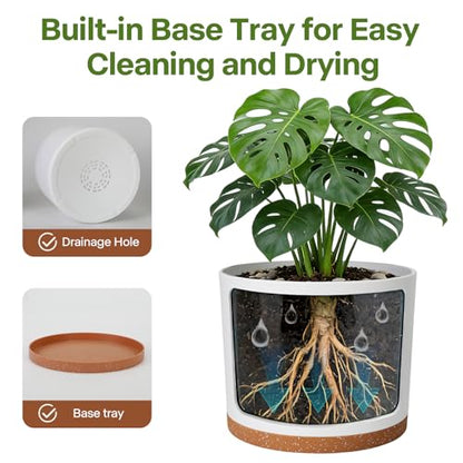 3 Pack Cylinder Planter Set 10/9/8 Inch White Indoor Plant Pots | Modern flower pots with drainage holes and saucers. For outdoor garden, succulent, nursery, and house plants. - color: White-brown