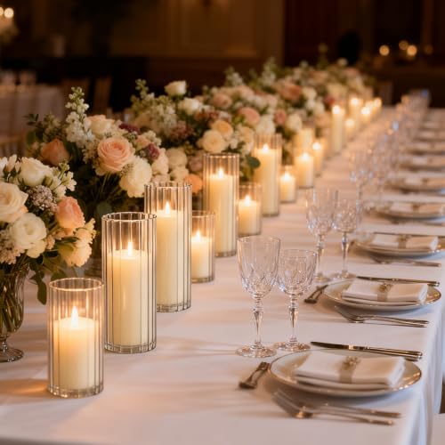 24 Pack Ivory Pillar Candles + 24 Pack Vertical Ribbed Clear Glass Cylinder Holders, Hurricane Candle Shades for Wedding, Home, Party Table Centerpieces Decor - color: Ivory, size: 24