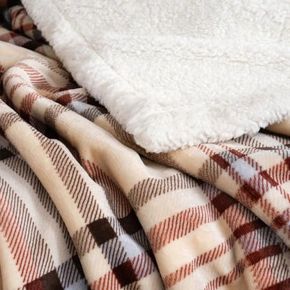 PU MEI Sherpa Fleece Throw Blanket 60" x 80" Reversible Plush Fluffy Large Big Blanket Lattice Flannel Blankets for All Season Use, Beige Stripe - color: Beige Stripe, size: 60"*80"