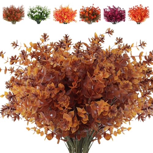 RECUTMS Faux Mums Plants,Artificial Flowers for Outdoor Fake Fall Flowers | Fall Decor,8Pcs Brown Fake Outdoor Greenery UV Resistant Fillers Plants for Gothic Christmas Thanksgiving Autumns Decorations - color: Brown, size: 8 Pcs