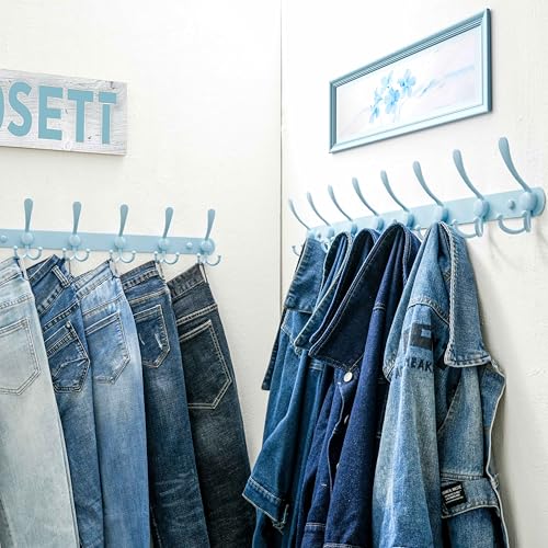 Coat Rack Wall Mount - 29.5” Long 8-Tri-Hooks Heavy Duty Coat Hanger Rail Wall Hooks for Hanging Coats Hats Clothing Clothes Purse Mudroom Entryway, Blue, Pack of 2 - color: Blue, size: L=29.5” (2 Pcs)