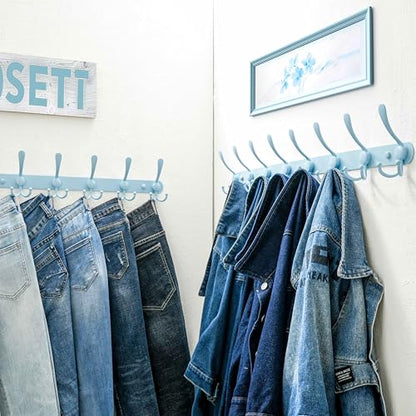 Coat Rack Wall Mount - 29.5” Long 8-Tri-Hooks Heavy Duty Coat Hanger Rail Wall Hooks for Hanging Coats Hats Clothing Clothes Purse Mudroom Entryway, Blue, Pack of 2 - color: Blue, size: L=29.5” (2 Pcs)