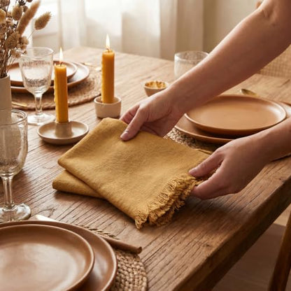 ACCENTHOME Mustard Cotton Linen Napkin Set of 6 18x18 inch Dinner Napkins - Washable Soft Premium Hotel Quality Reusable Napkins Perfect Table Napkins for Family Dinners, Weddings & Everyday Use | Cotton Linen Blend Napkins, Machine Wash On Gentle Cycle,