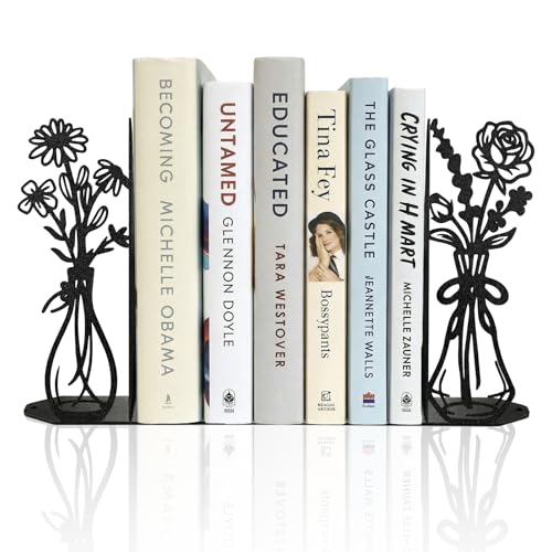 Flower Metal Bookends Cute Book Ends for Shelves Home Office Decor | Unique Bookends Decorative Flower Vase Book Ends for Heavy Books, Book Stopper Ideal Gift for Book Lovers - color: Black Flower