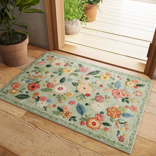 2x3 Washable Small Rugs for Entryway: Area Rug Non Slip Door Mat Indoor Entrance Low Pile Soft Faux Wool Non Shedding Lightweight Distressed Throw Rugs for Front Door Bedroom Bathroom Kitchen Entry - color: Green Floral, size: 2' x 3' (Rectangular)