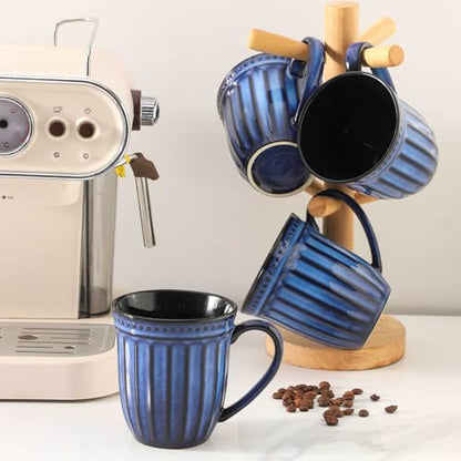 Coffee Mugs Set of 4, 16oz Navy Blue Ceramic Coffee Mug with Embossed Ribbed, Farmhouse Tea Cup Set for Latte, Cappuccino, Milk, Large Handle, Suitable for Office Home Restaurant Housewarming Gift - color: Navy Blue