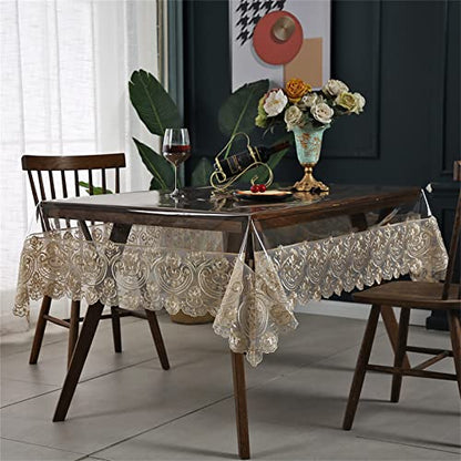 Dimatic Clear Plastic Waterproof Tablecloth, Vinyl PVC Rectangle Table Cloth with Lace Macrame, Oil Spill Proof, Table Cover for Dining Tables, Parties and Holidays (Champagne, 60 x 120 Inch) - color: Champagne, size: 120" x 60" (Rectangular)