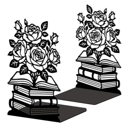 5.3"x4.3"x7.9" Metal Bookends, Heavy Duty Book Ends for Shelves | Rose with Book Theme Cast Iron Book Supports, 1 Pair Decor Stoppers for Desk, Library, Office & Home Shelves - style: Rose with Book