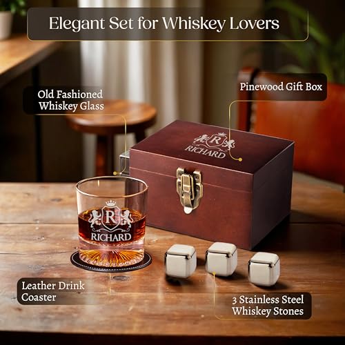 Custom Monogram Whiskey Gift Set, Glass Coaster Stones Wood Box for Him | Personalized Name, Leather Coaster, Stainless Steel Stones, Gift For Men, Husband Present, Dad Idea, Groomsmen Gift