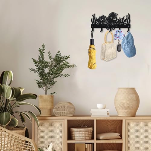 MAYJOYDIY Octopus Marine Life Metal Key Hook 9.8×4.7inch Seagrass Water Plant Bubbles Coat Rack Wall Mounted 5 Hooks Sea Animal Key Holder Black Wall Decor Gift for Coats Hats Towels Bags - style: Octopus Marine Life