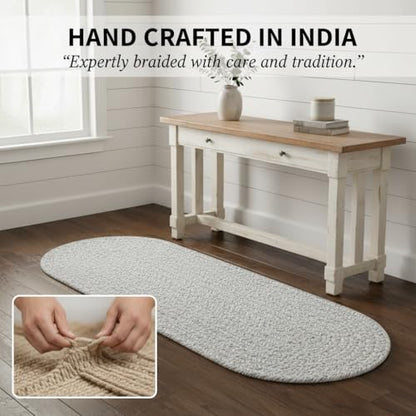 Farmhouse Braided Runner Rug 2x6 Gray & White – Reversible Cotton Blend Hallway, Kitchen, Bedroom & Entry Rug – Soft, Durable, Handcrafted, Low-Profile Indoor Mat - color: Gray & White, size: 2' x 6' (Oval)