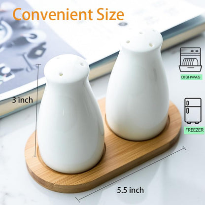 Ceramic Salt and Pepper Shakers Set with a Bamboo Tray,Farmhouse White Salt Shaker for Cooking,Travel,BBQ, Kitchen and Resturant Decor Set of 2
