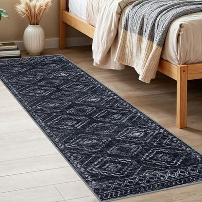 KILOCOCO Washable Runner Rug 2x6 ft Hallway Runners, Blue-Black | Non Slip Runner Rug, Printed Kitchen Runner Rug, Low-Pile Entryway Runners, Soft Geometric Rugs for Bedroom Hall Living Room - color: Black/Navy/White, size: 2' x 6' (Runner)