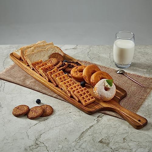 Acacia Wood Cutting Board and Large Charcuterie Board with Handle - Long Serving Board for Veggies, Bread, Cheese Board, Appetizers, and Picnic Celebrations, 24x7 Inch - size: 24"L x 7"W