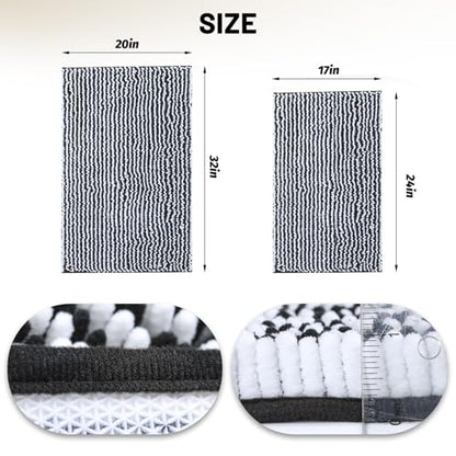 Chenille Bathroom Rugs Set 2 Piece, Absorbent Bath Rugs, Non-Slip Bath Mats, Machine Washable Rugs for Bathroom Floor, Tub and Shower, Black&White (20 × 32 Plus 17 ×24 - Inch) - color: Black &White
