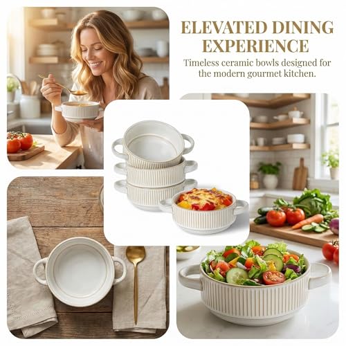 26 Oz Soup Bowls with Handles, French Onion Soup Crocks, Ceramic Soup Bowls Set of 4, Embossed Stackable Bowl for Chili, Beef Stew, Pasta, Casseroles Dish, 6 inch, Oven Dishwasher Safe