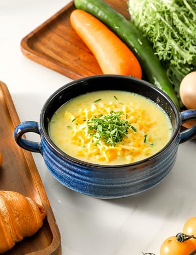 HASENSE Soup Bowls, 20 OZ French Onion Soup Crocks with Handles, Ceramic Small Serving Bowls for Chili, Stew, Cereal, Microwave Oven and Dishwasher Safe, Set of 4, Blue - color: Blue, size: 20oz - 4pcs
